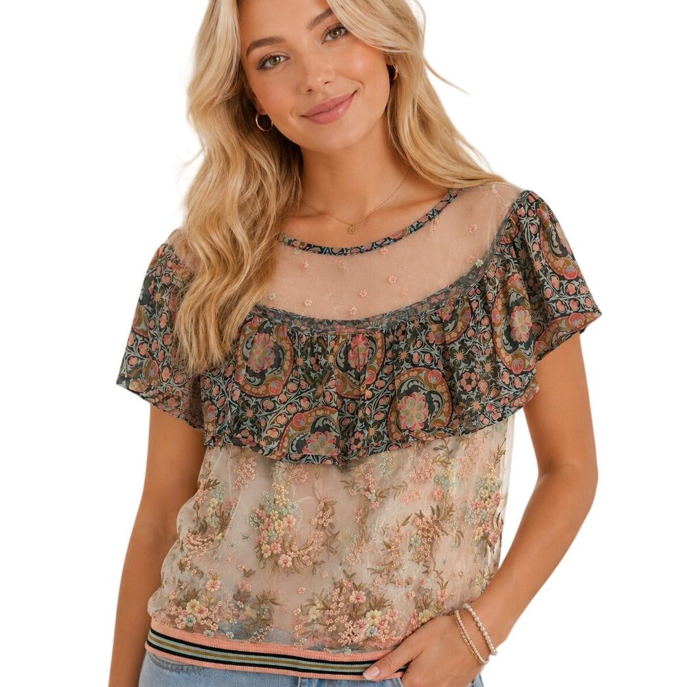Anna Sui Embroidered Flounce Top Womens Small Sheer Floral Prairie Blouse
